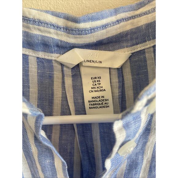 H&M Blue White Striped 100% Linen Coastal Preppy Classic Shirt Blouse Top XS - Picture 3 of 5